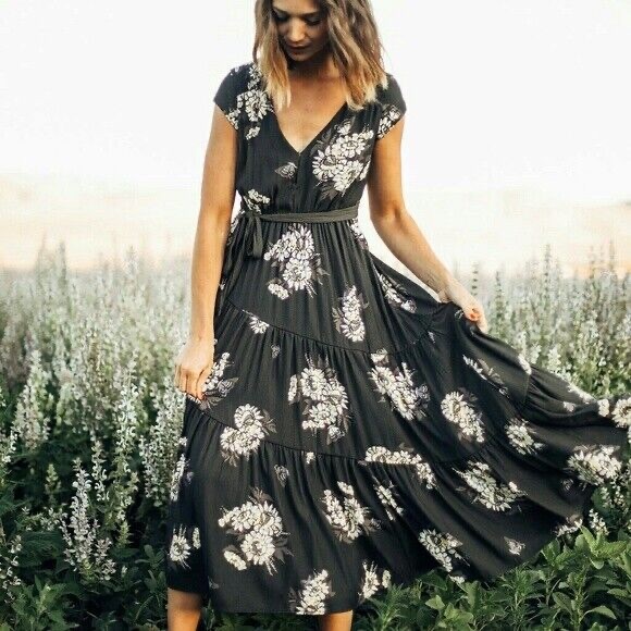Free People All I Got Black Floral Printe Dav-Neck Bohemian Maxi Dress